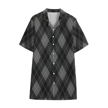 Dark Grey Argyle Pattern Print Cotton Hawaiian Shirt