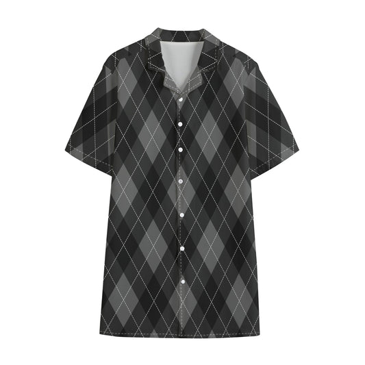 Dark Grey Argyle Pattern Print Cotton Hawaiian Shirt