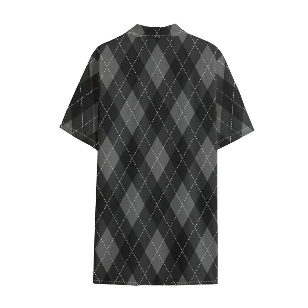 Dark Grey Argyle Pattern Print Cotton Hawaiian Shirt