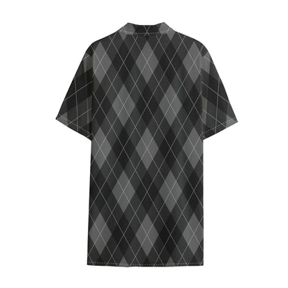 Dark Grey Argyle Pattern Print Cotton Hawaiian Shirt