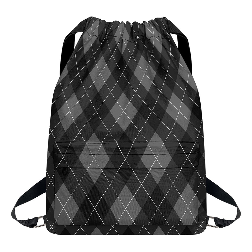 Dark Grey Argyle Pattern Print Drawstring Backpack