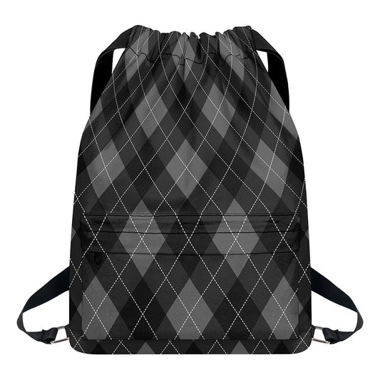 Dark Grey Argyle Pattern Print Drawstring Backpack