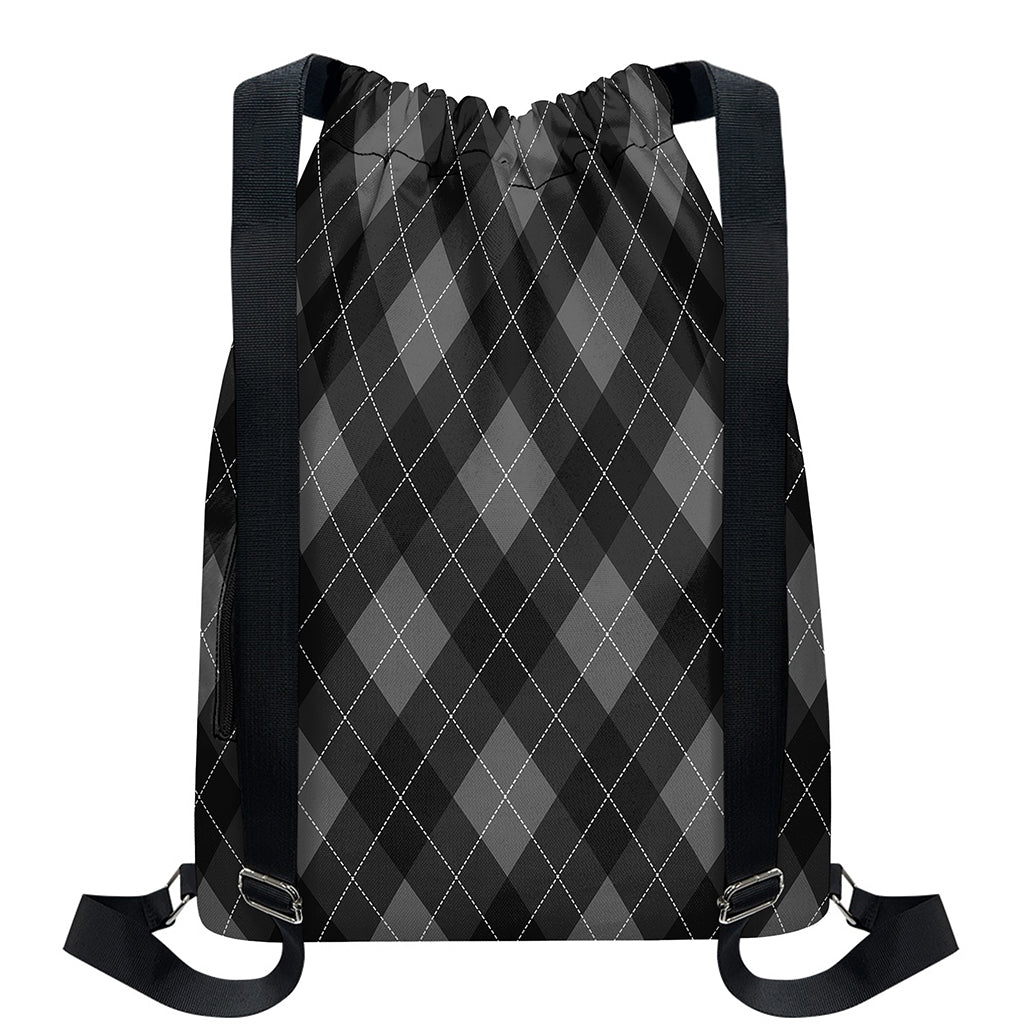 Dark Grey Argyle Pattern Print Drawstring Backpack