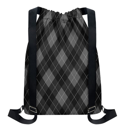Dark Grey Argyle Pattern Print Drawstring Backpack