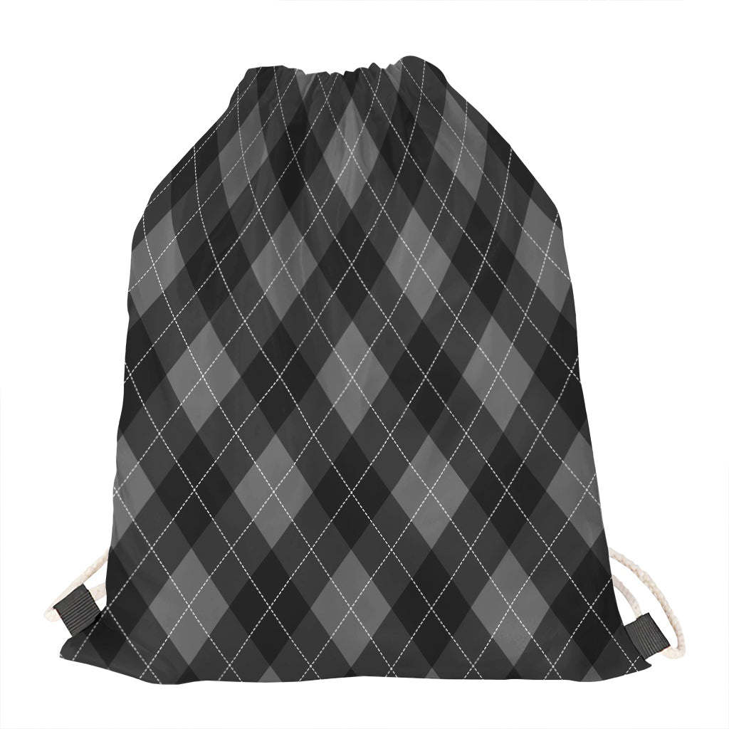 Dark Grey Argyle Pattern Print Drawstring Bag