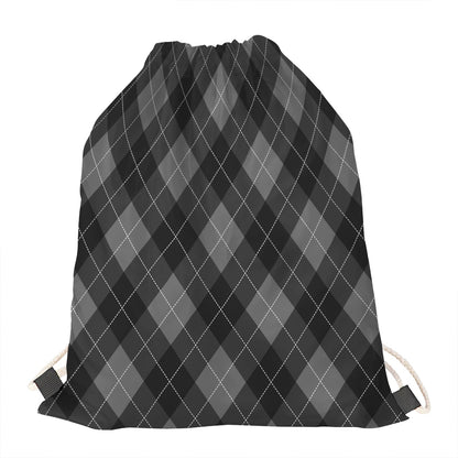 Dark Grey Argyle Pattern Print Drawstring Bag