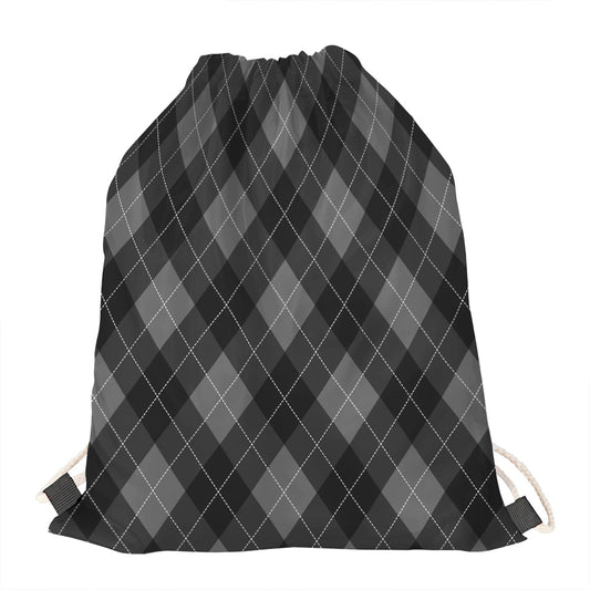 Dark Grey Argyle Pattern Print Drawstring Bag
