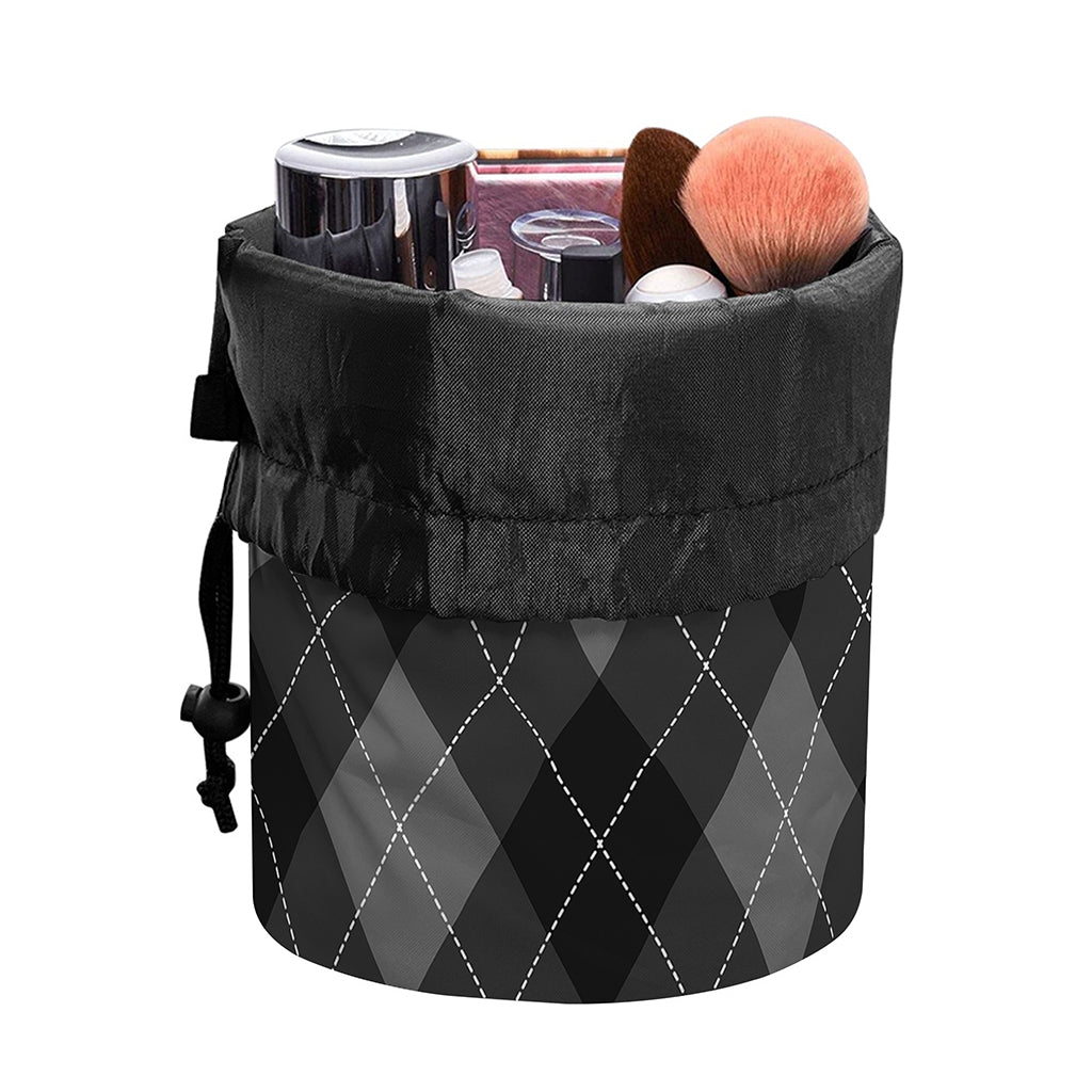 Dark Grey Argyle Pattern Print Drawstring Makeup Bag