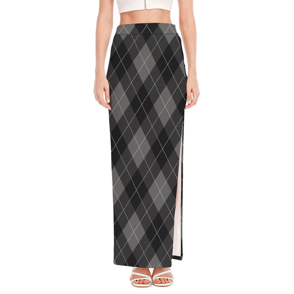 Dark Grey Argyle Pattern Print High Slit Maxi Skirt