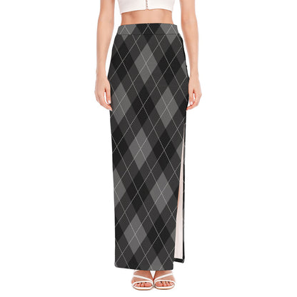 Dark Grey Argyle Pattern Print High Slit Maxi Skirt