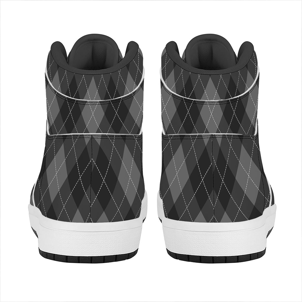 Dark Grey Argyle Pattern Print High Top Leather Sneakers