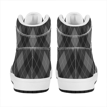 Dark Grey Argyle Pattern Print High Top Leather Sneakers