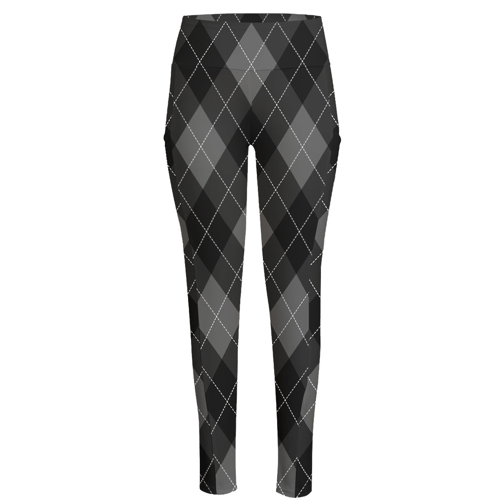 Dark Grey Argyle Pattern Print High-Waisted Pocket Leggings
