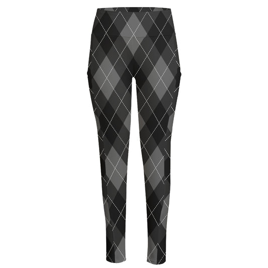 Dark Grey Argyle Pattern Print High-Waisted Pocket Leggings