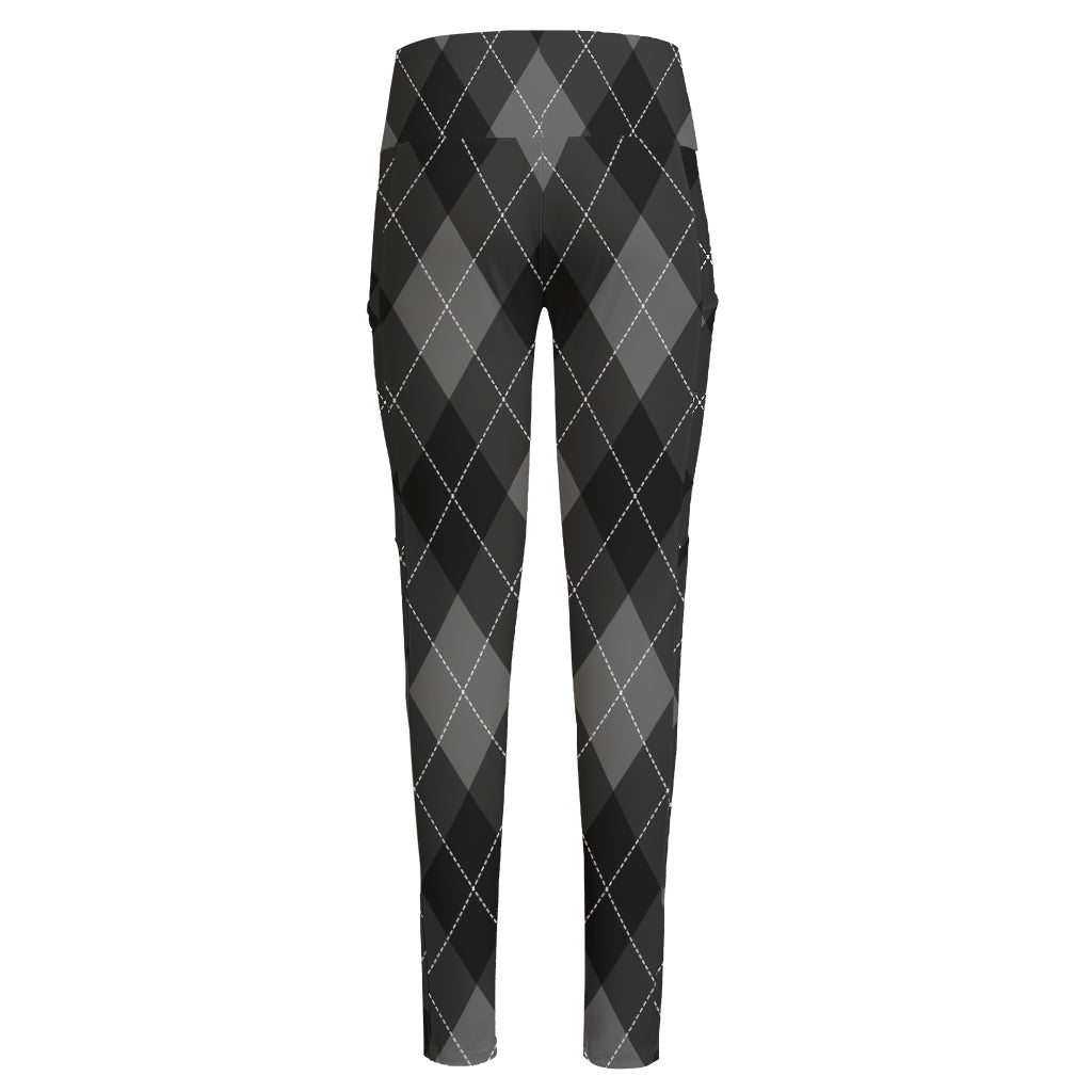 Dark Grey Argyle Pattern Print High-Waisted Pocket Leggings
