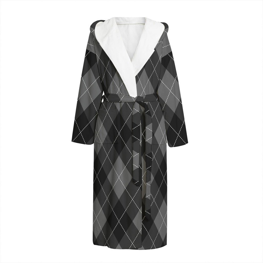 Dark Grey Argyle Pattern Print Hooded Bathrobe