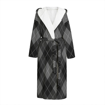Dark Grey Argyle Pattern Print Hooded Bathrobe