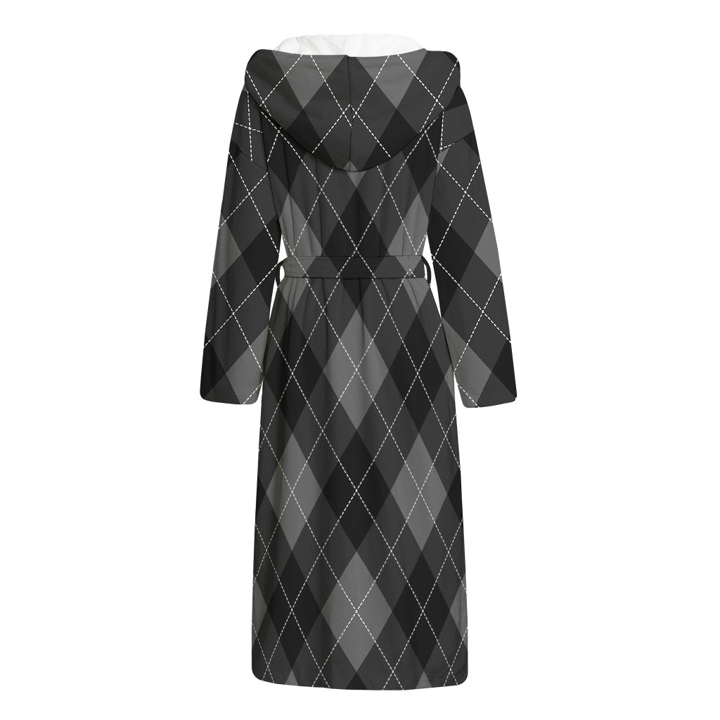 Dark Grey Argyle Pattern Print Hooded Bathrobe