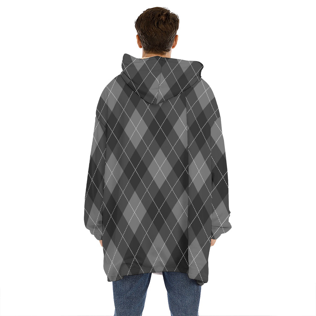 Dark Grey Argyle Pattern Print Hoodie Blanket