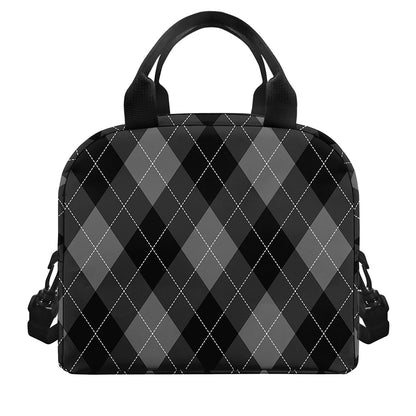 Dark Grey Argyle Pattern Print Insulated Lunch Bag