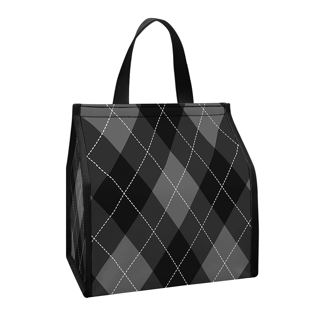 Dark Grey Argyle Pattern Print Insulated Lunch Tote