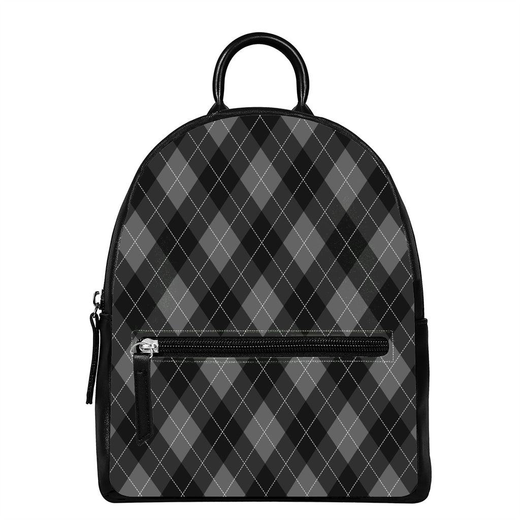 Dark Grey Argyle Pattern Print Leather Backpack
