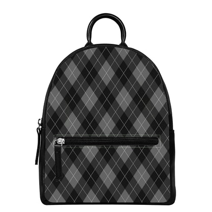 Dark Grey Argyle Pattern Print Leather Backpack