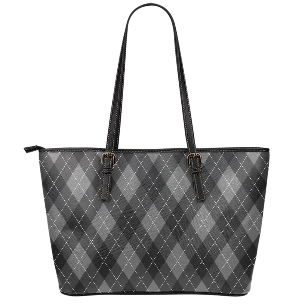 Dark Grey Argyle Pattern Print Leather Tote Bag
