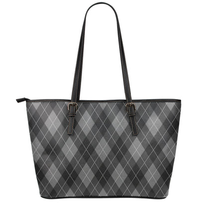 Dark Grey Argyle Pattern Print Leather Tote Bag