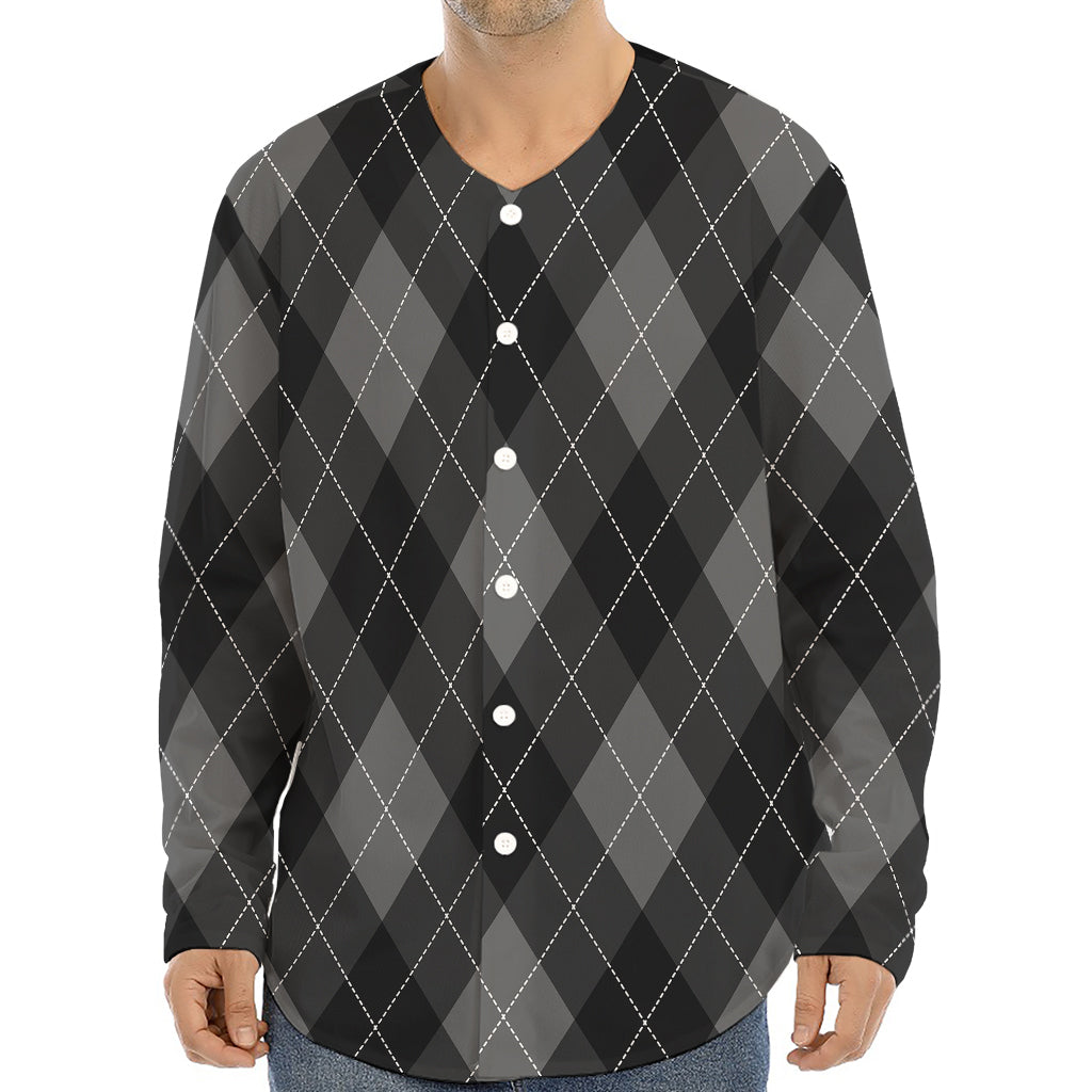 Dark Grey Argyle Pattern Print Long Sleeve Baseball Jersey