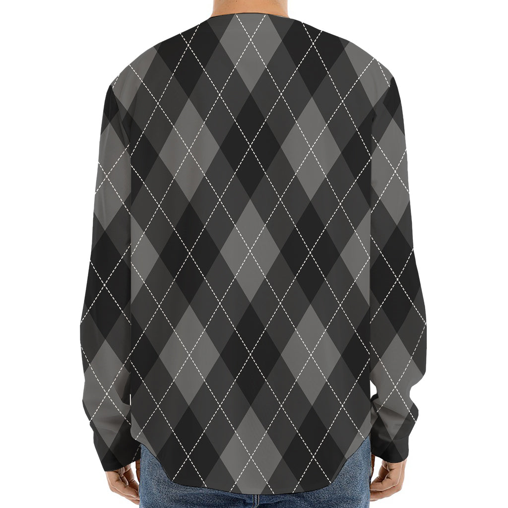 Dark Grey Argyle Pattern Print Long Sleeve Baseball Jersey