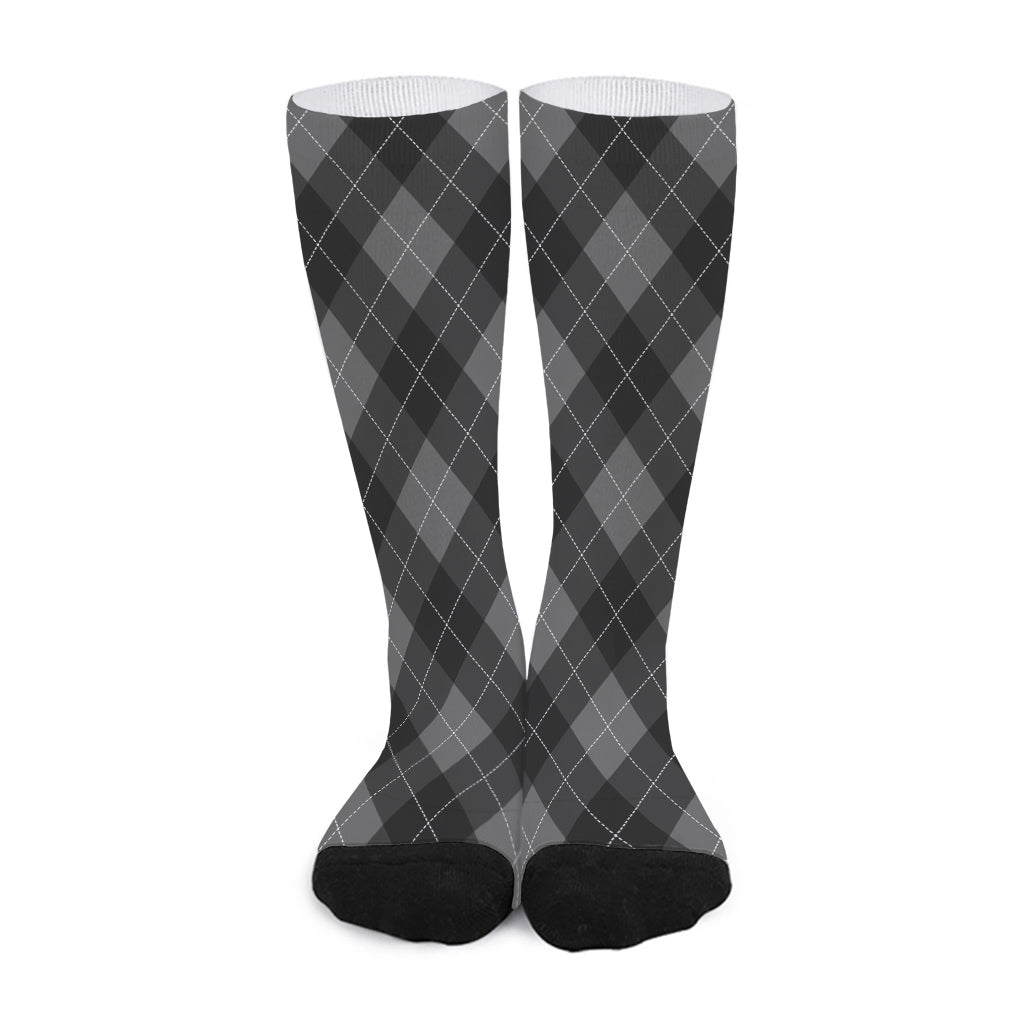 Dark Grey Argyle Pattern Print Long Socks