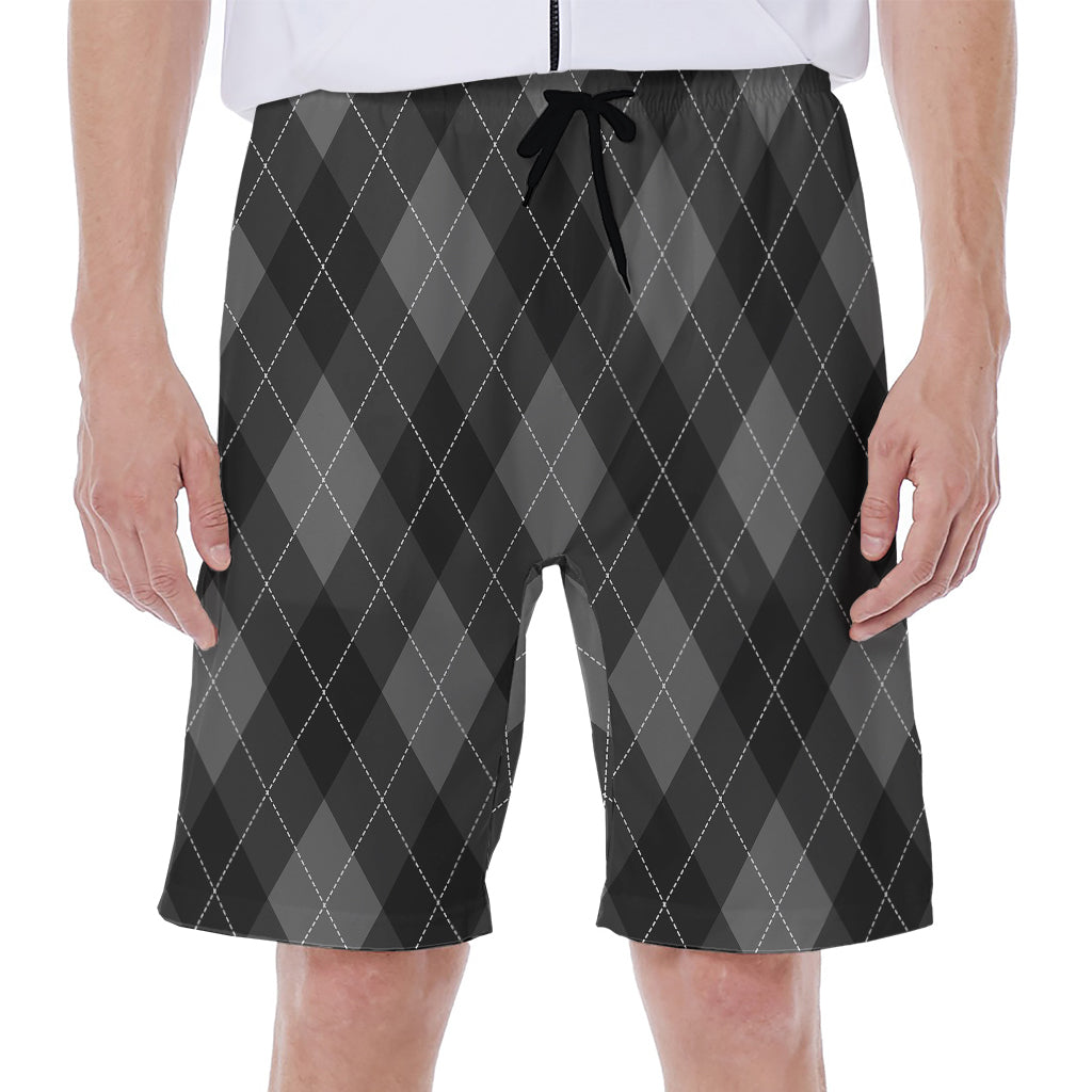 Dark Grey Argyle Pattern Print Men's Beach Shorts