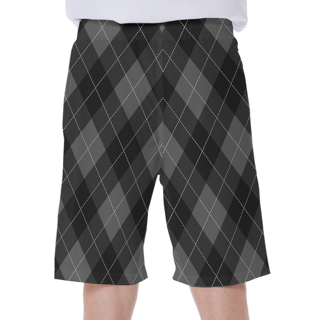 Dark Grey Argyle Pattern Print Men's Beach Shorts