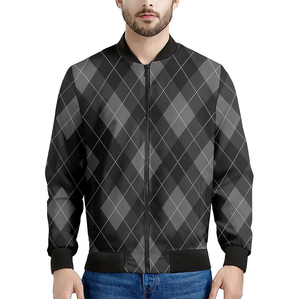 Dark Grey Argyle Pattern Print Men's Bomber Jacket