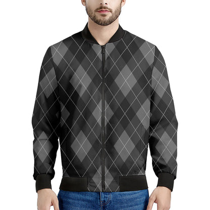 Dark Grey Argyle Pattern Print Men's Bomber Jacket