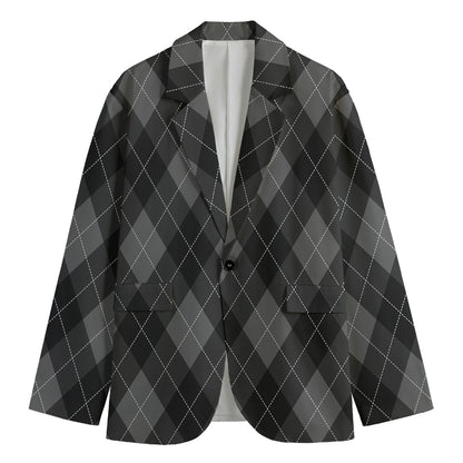 Dark Grey Argyle Pattern Print Men's Cotton Blazer