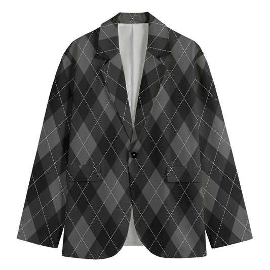 Dark Grey Argyle Pattern Print Men's Cotton Blazer