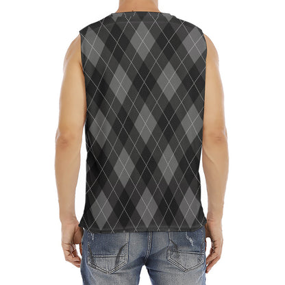 Dark Grey Argyle Pattern Print Men's Fitness Tank Top
