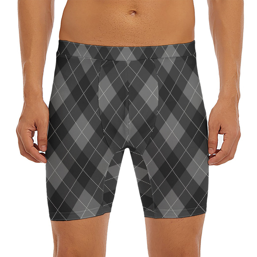 Dark Grey Argyle Pattern Print Men's Long Boxer Briefs
