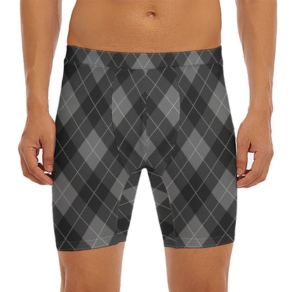 Dark Grey Argyle Pattern Print Men's Long Boxer Briefs