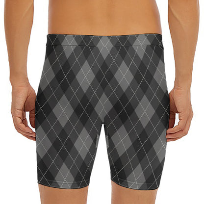 Dark Grey Argyle Pattern Print Men's Long Boxer Briefs