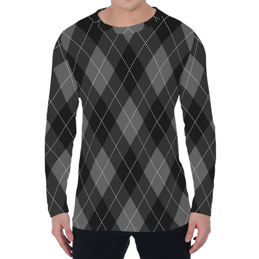 Dark Grey Argyle Pattern Print Men's Long Sleeve T-Shirt