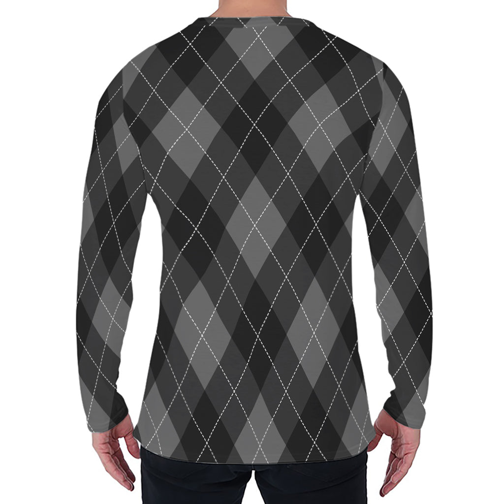 Dark Grey Argyle Pattern Print Men's Long Sleeve T-Shirt