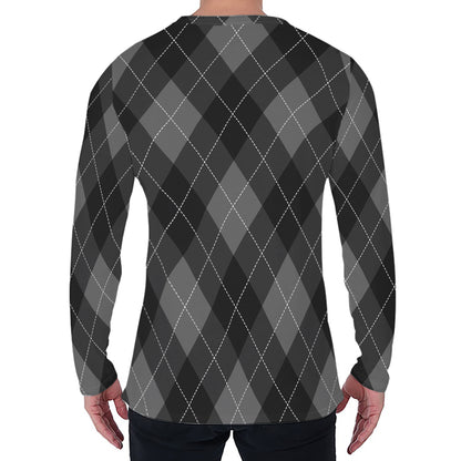 Dark Grey Argyle Pattern Print Men's Long Sleeve T-Shirt