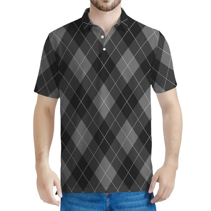 Dark Grey Argyle Pattern Print Men's Polo Shirt