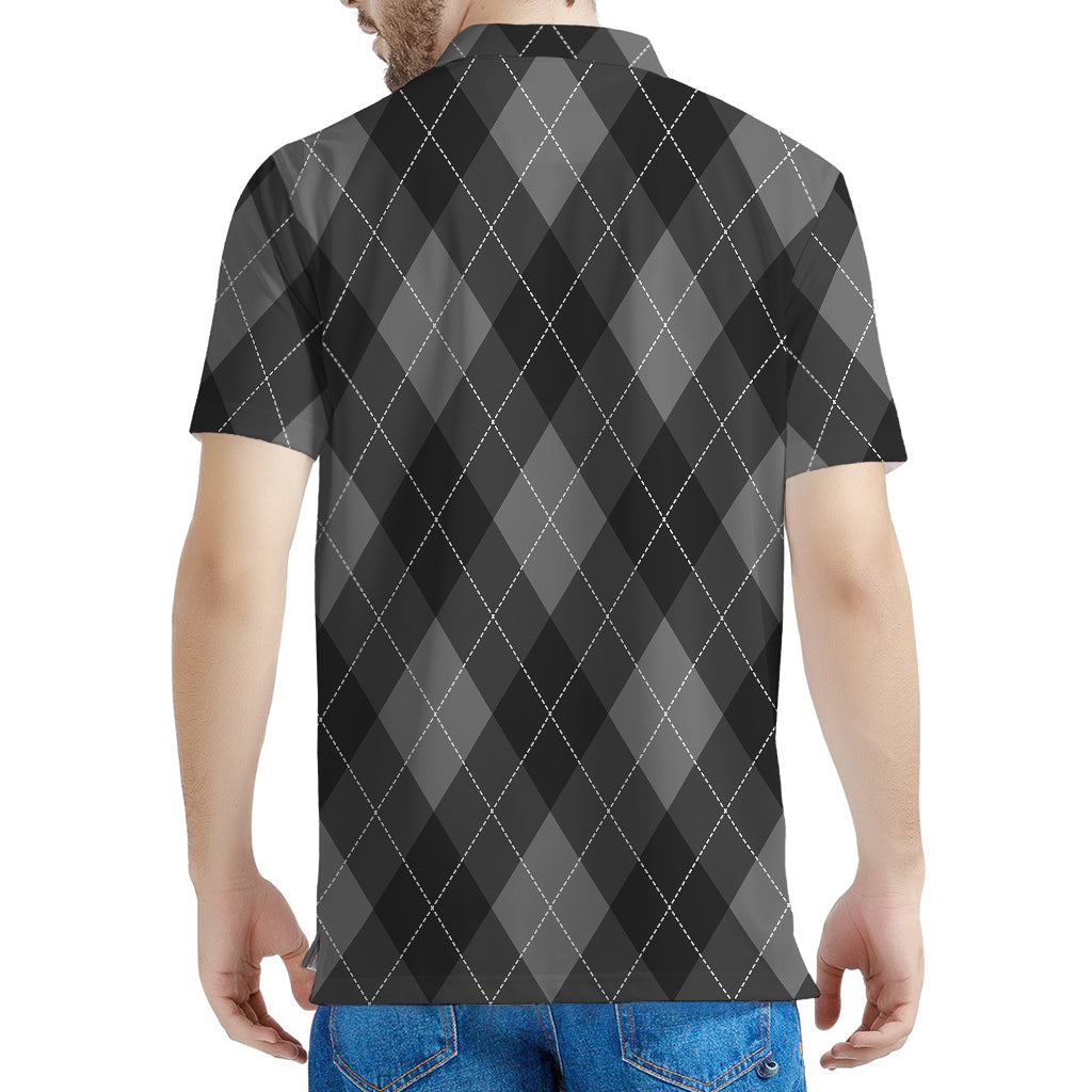 Dark Grey Argyle Pattern Print Men's Polo Shirt