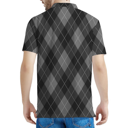 Dark Grey Argyle Pattern Print Men's Polo Shirt