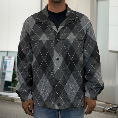 Dark Grey Argyle Pattern Print Men's Shirt Jacket