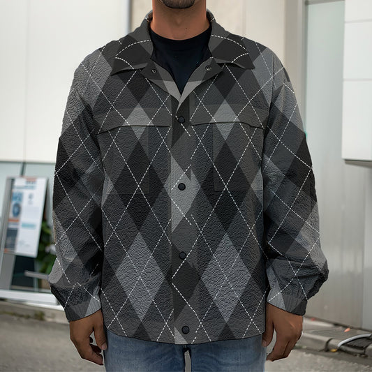 Dark Grey Argyle Pattern Print Men's Shirt Jacket